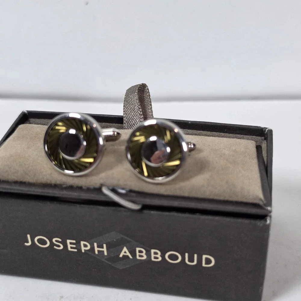 Joseph Abboud Mens Round Sunburst Inlay Silver‎ Tone Cufflinks with Box